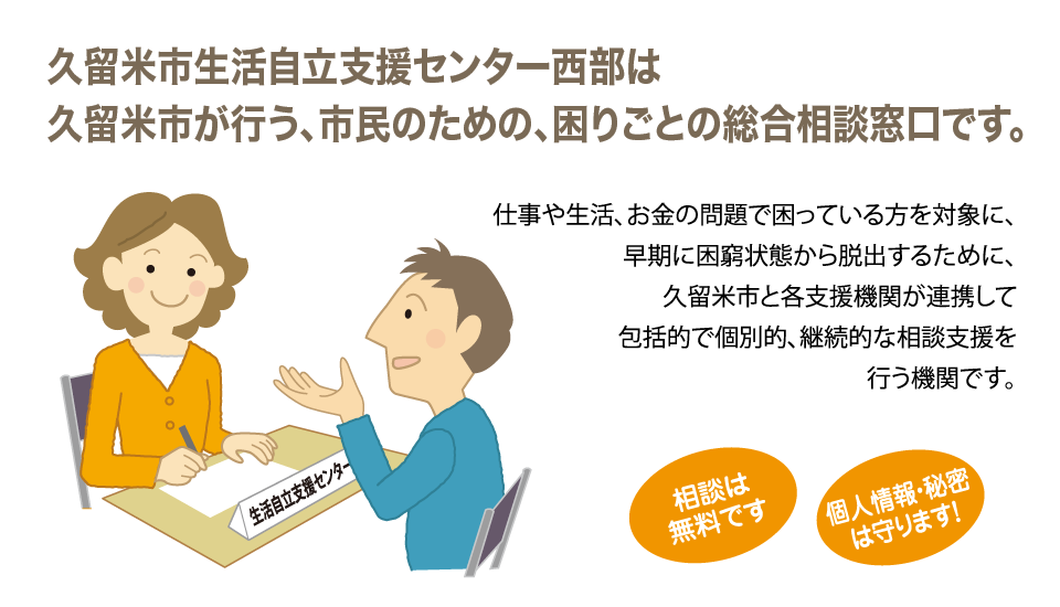 久留米市生活自立支援センター西部は久留米市が行う、市民のための、困りごとの総合相談窓口です。